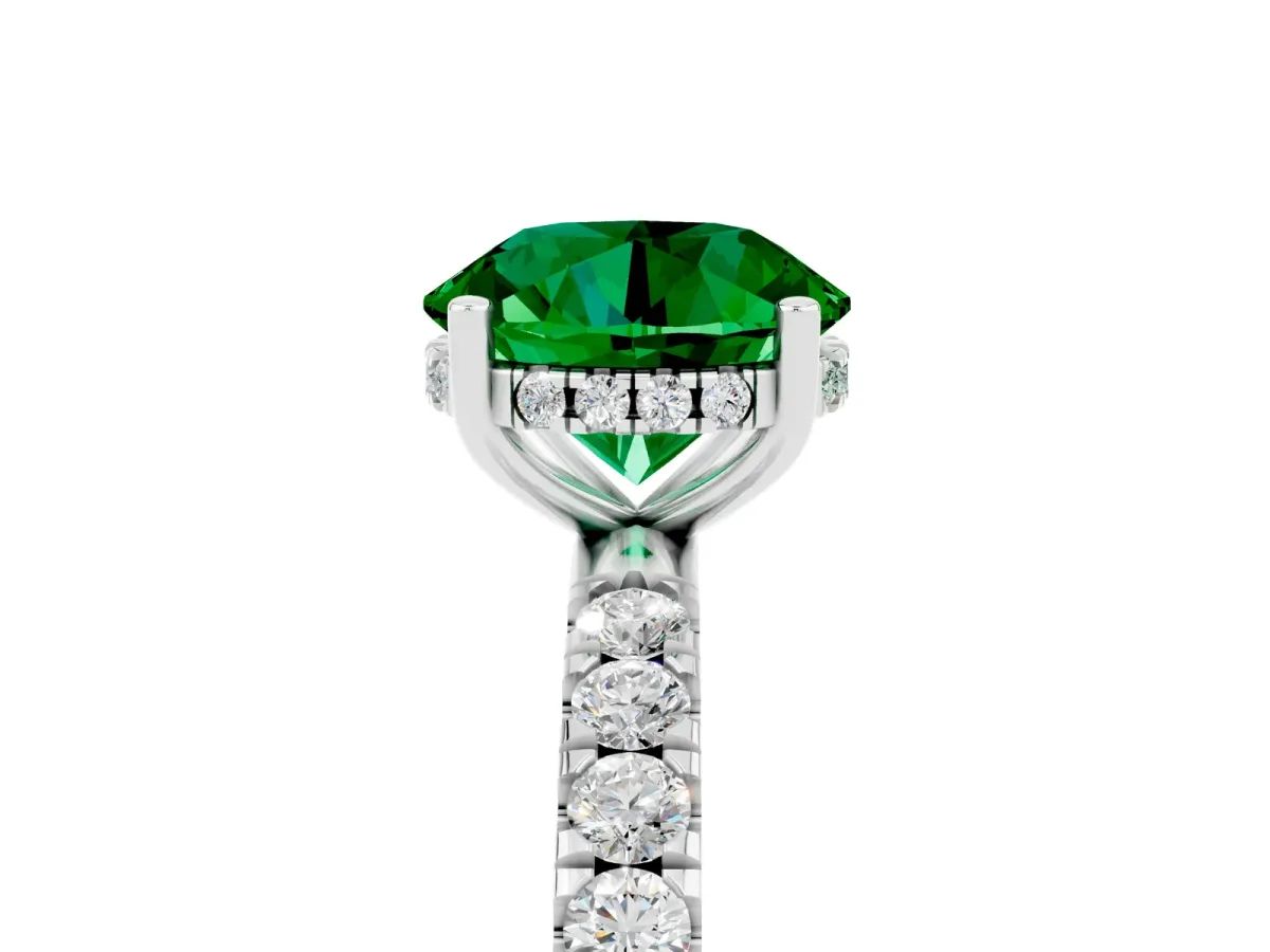 Round Cut Emerald Pave Band Solitaire Ring with Round and Prong Setting Platinum