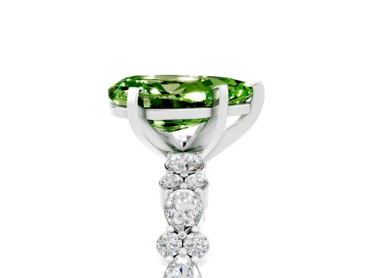 Pear Cut Peridot Side Stone Solitaire Ring with Round and Four-Prong Setting White gold