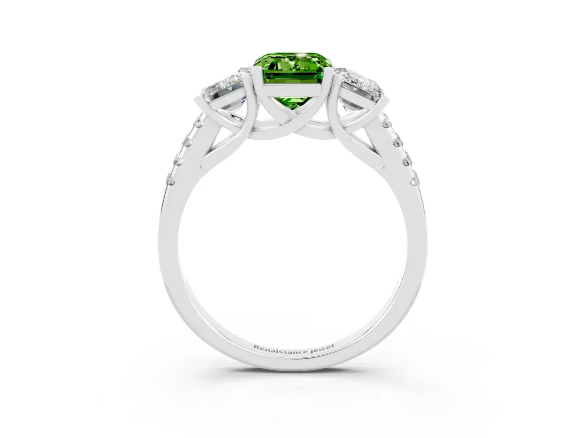 Three-Stone Emerald Cut Peridot Ring with Round Pavé Band and Prong Setting White gold
