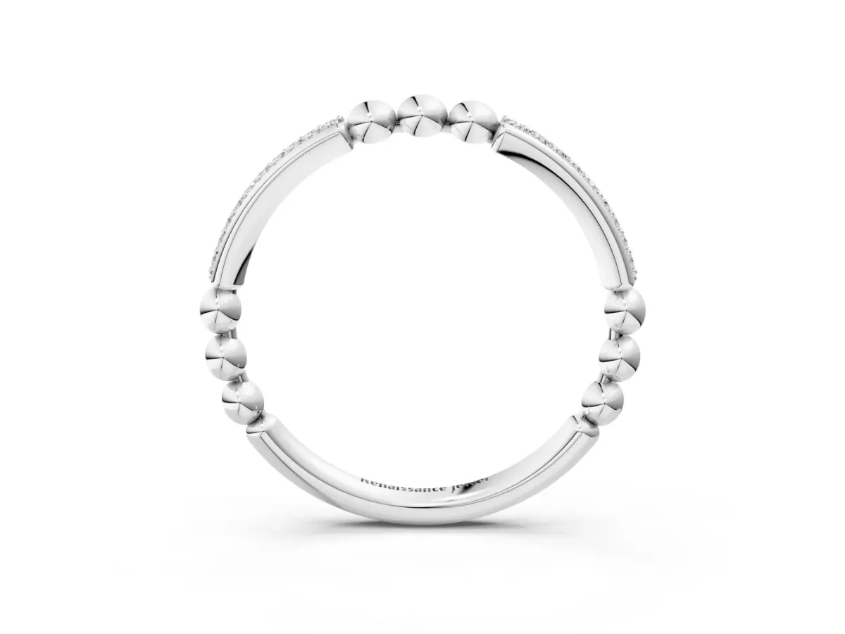 Pave Round Diamond Beaded Band with Shared Prong Setting Silver