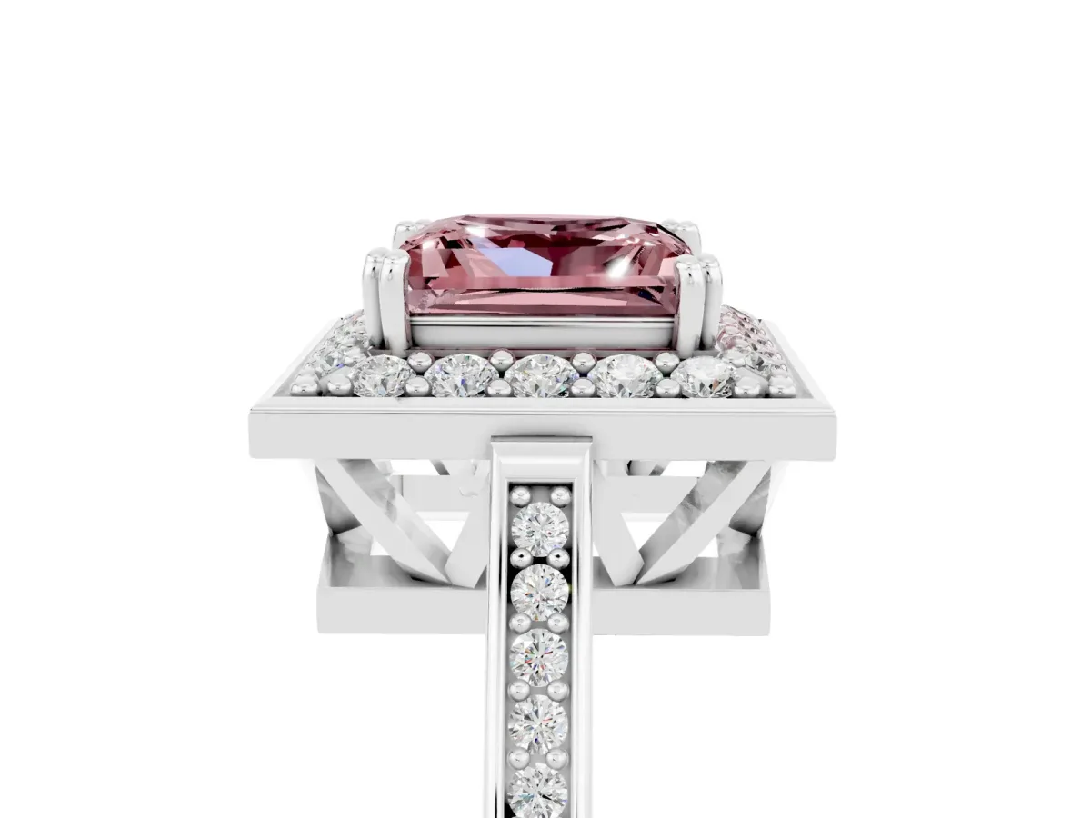 Princess Cut Morganite Halo Ring with Split Shank and Four-Prong Setting Platinum