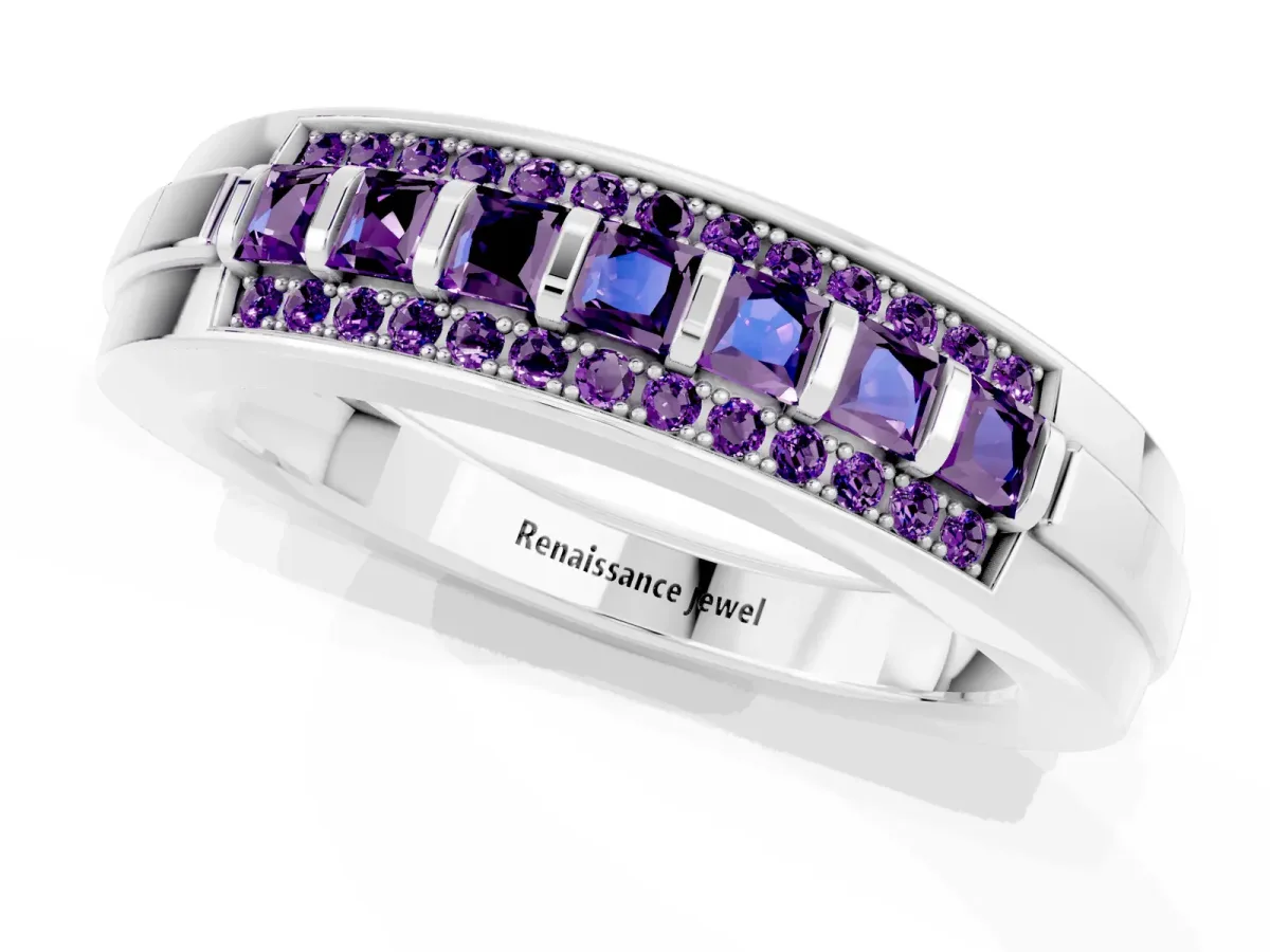 Bar-Set Princess Cut Amethyst Pavé Band White gold