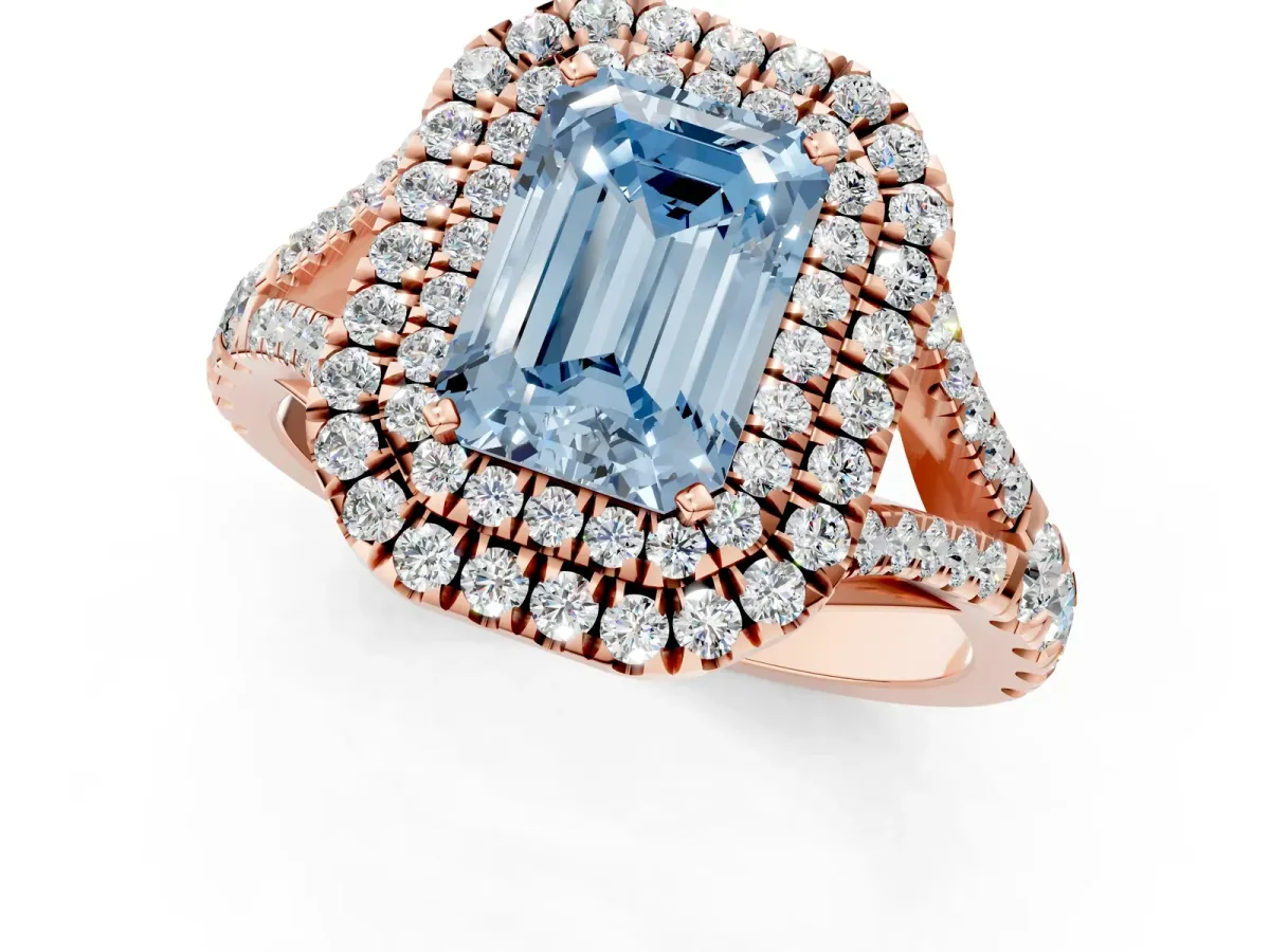 Fancy Blue Emerald Cut Diamond Double Halo Ring with Split Shank and Prong Setting Rose gold