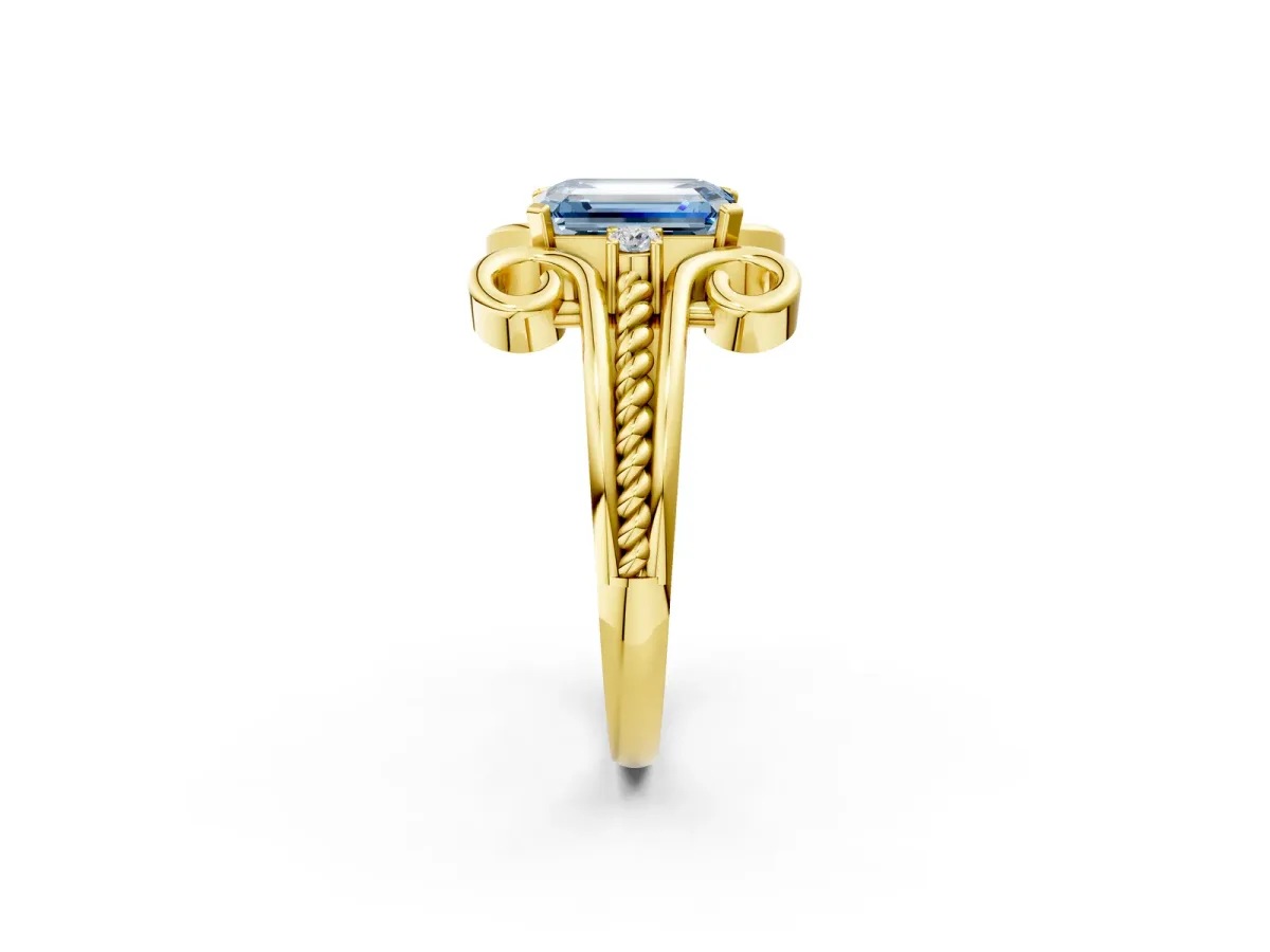 Fancy Blue Emerald Cut Solitaire Twisted Band Scroll Prong Ring Yellow gold