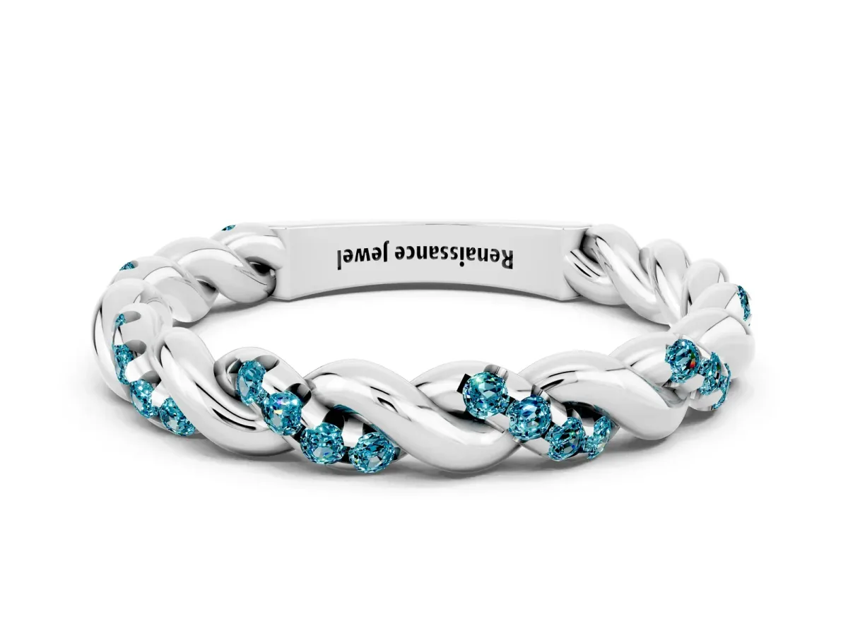 Twisted Pavé Round Blue Topaz Eternity Band Platinum