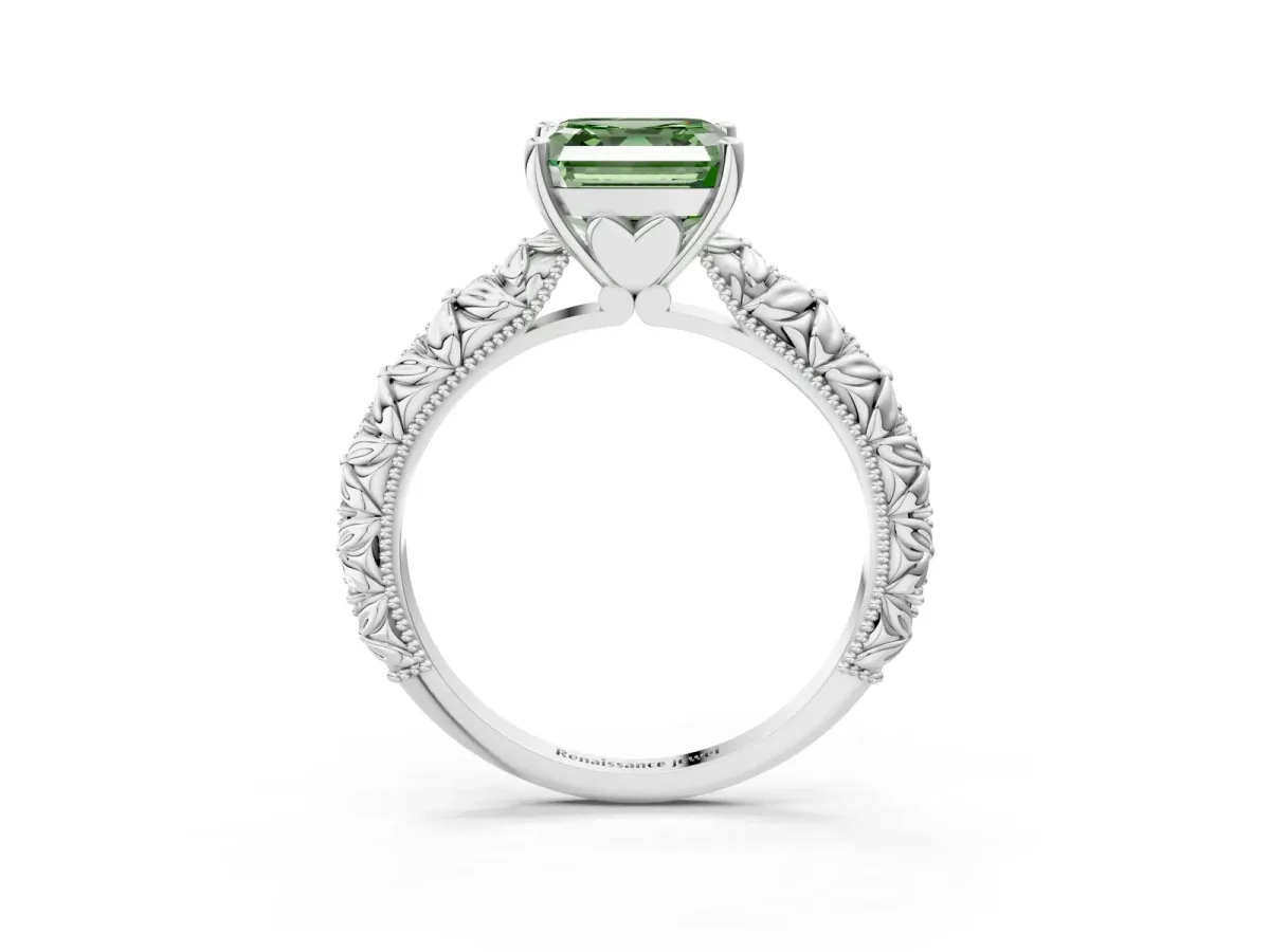 Fancy Green Asscher Cut Solitaire Floral Milgrain Engagement Ring Platinum