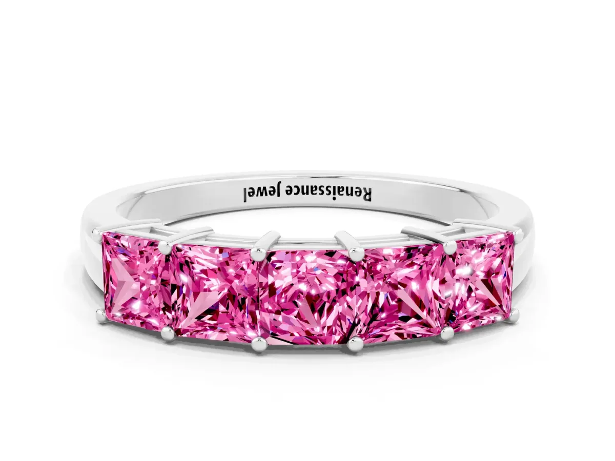 Princess Cut Five-Stone Pink Sapphire Band with Prong Setting Platinum