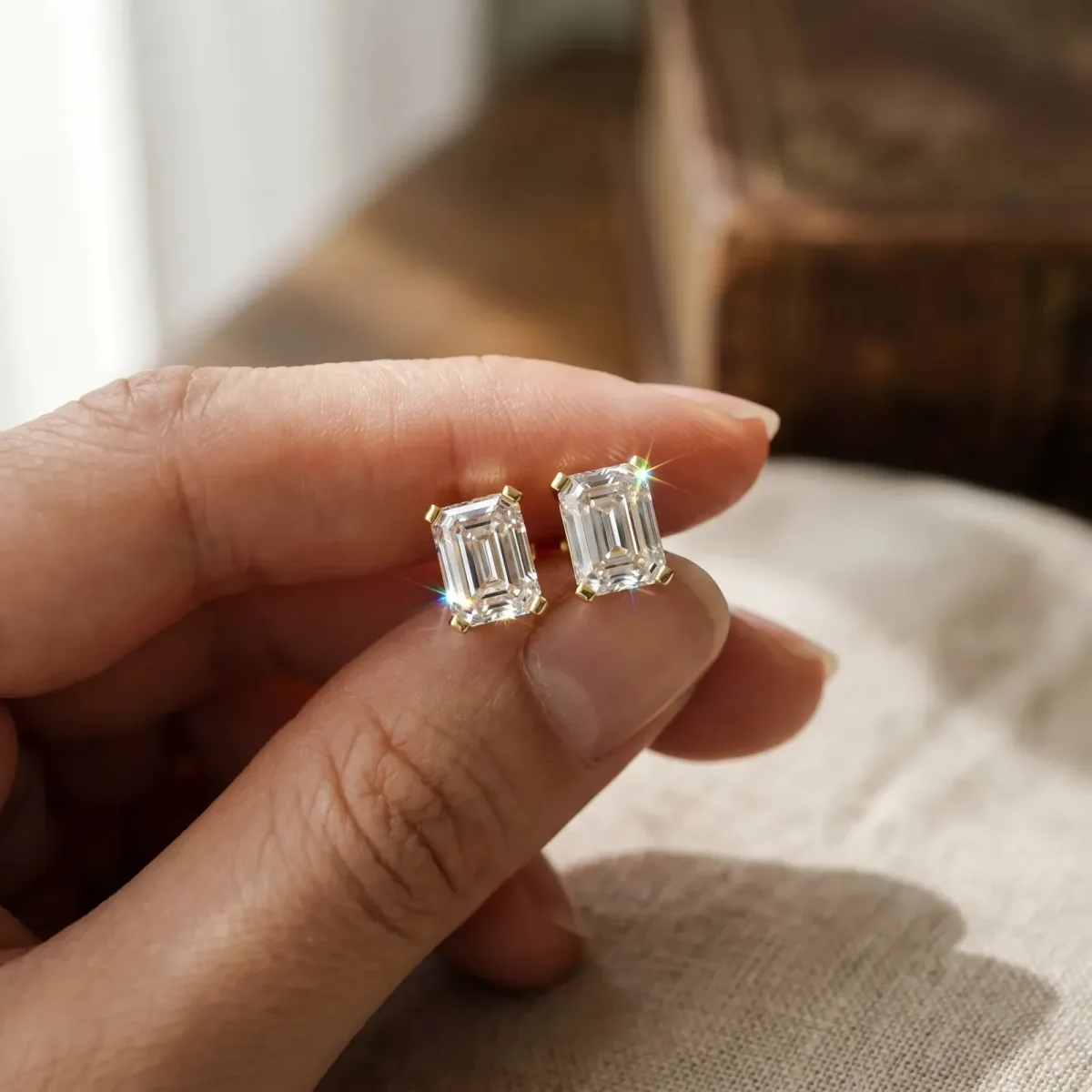 Emerald Cut Diamond Stud Earrings Yellow gold