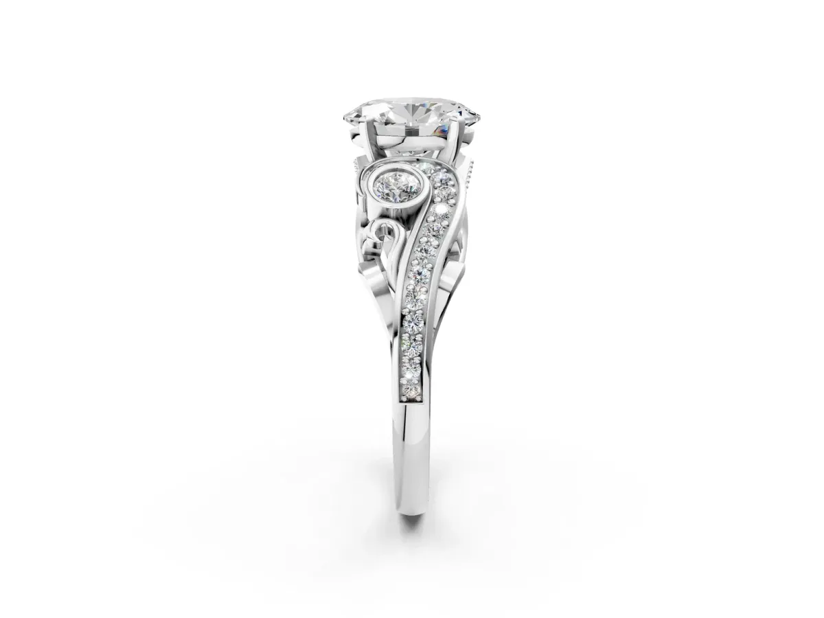 Oval Cut Diamond Solitaire Ring with Milgrain Pavé Band and Four-Prong Setting Silver