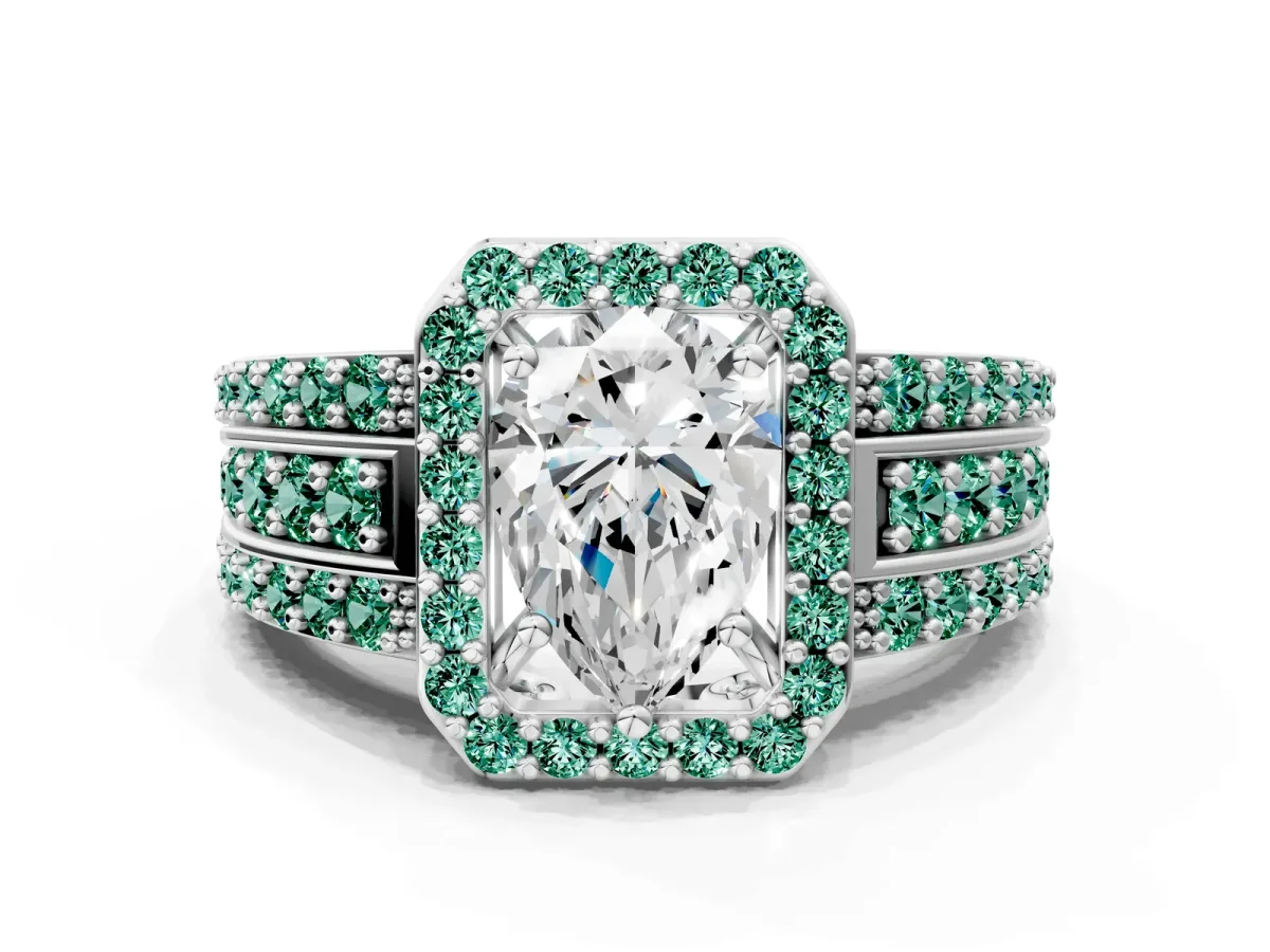 Pear Cut Halo Diamond Ring with Round Green Sapphire Split Shank and Prong Setting Silver