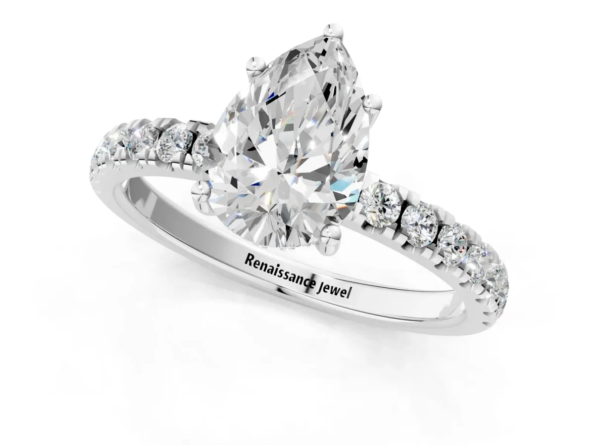 Pear Cut Diamond Pave Band Solitaire Ring with Round and Prong Setting Platinum