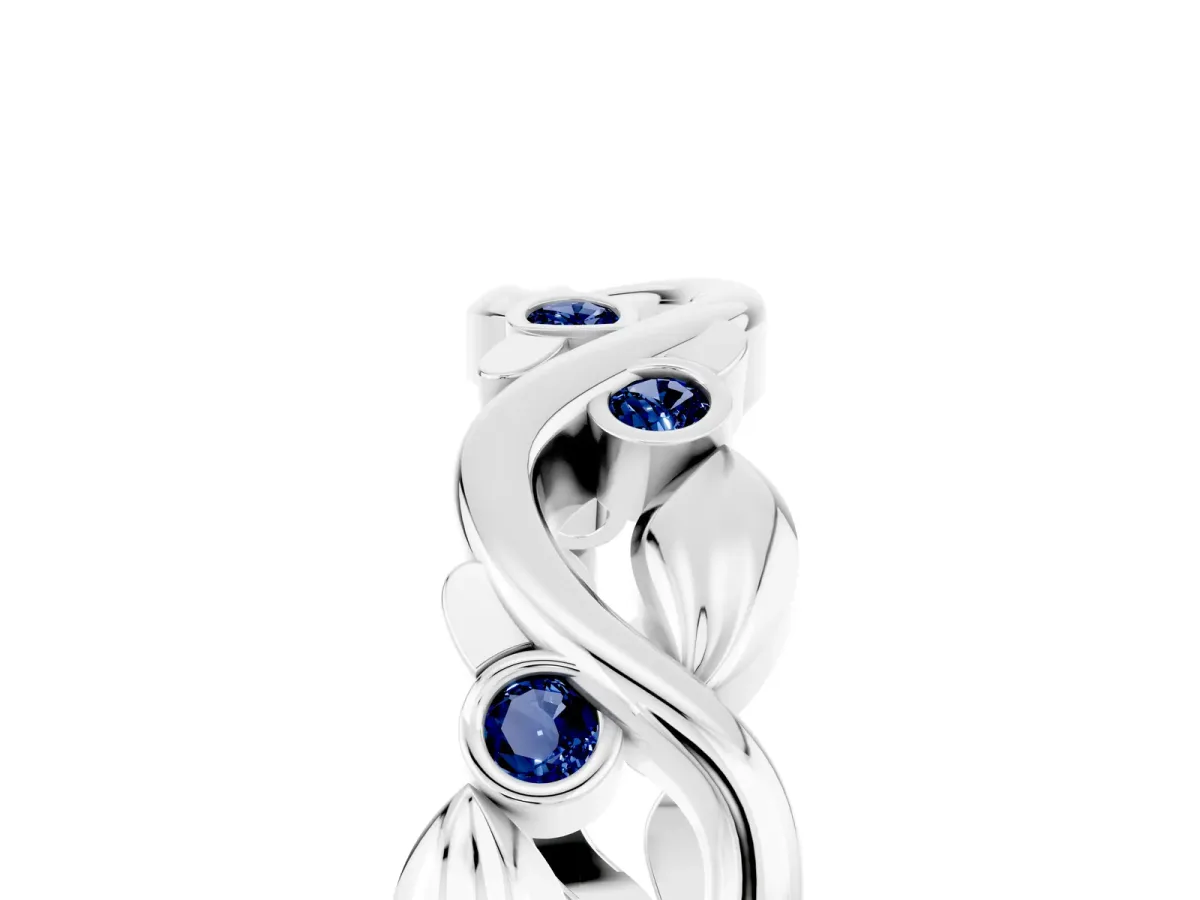 Round Blue Sapphire Leaf Eternity Band with Bezel Setting White gold