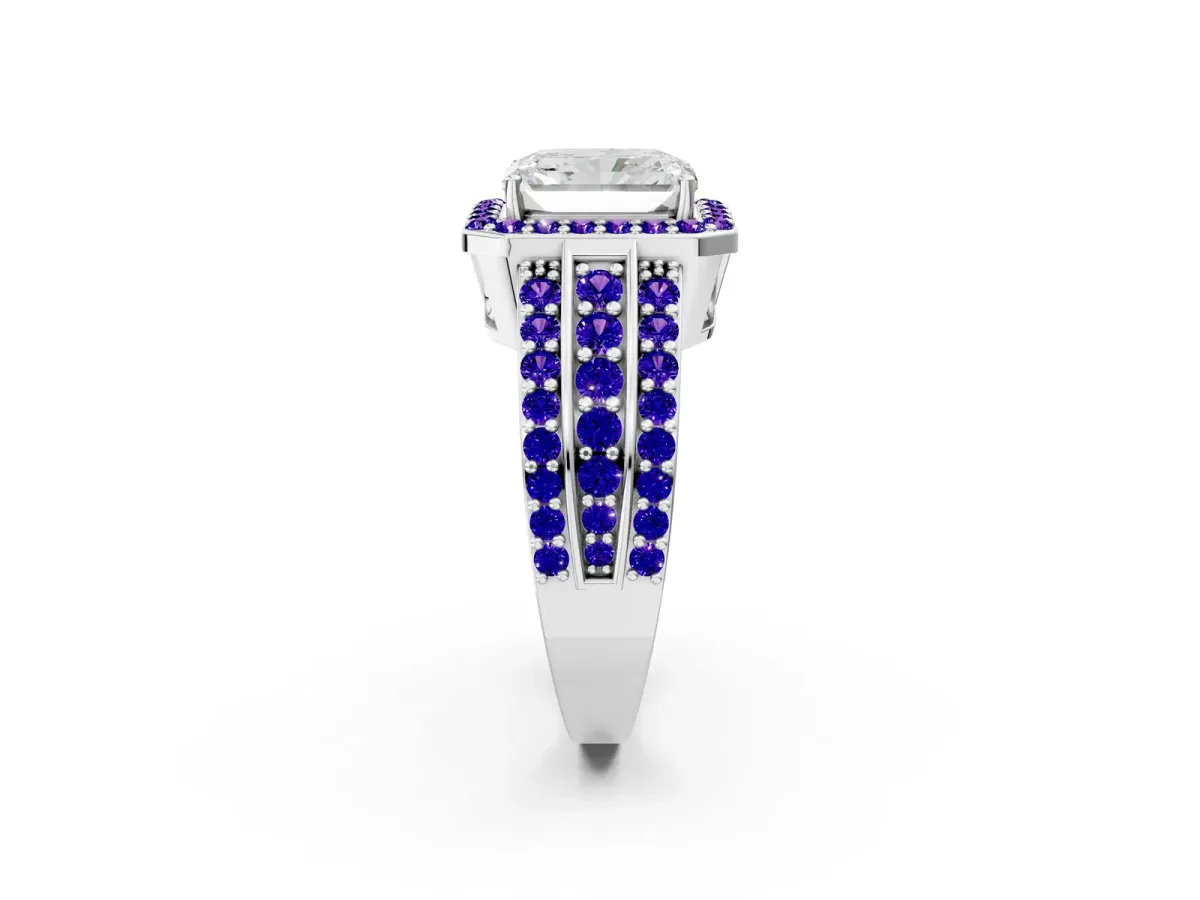 Radiant Cut Halo Diamond Ring with Round Tanzanite Split Shank and Prong Setting Silver