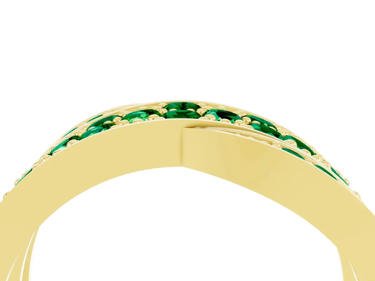 Pavé Round Emerald Crossover Band with Bead Prong Setting Yellow gold