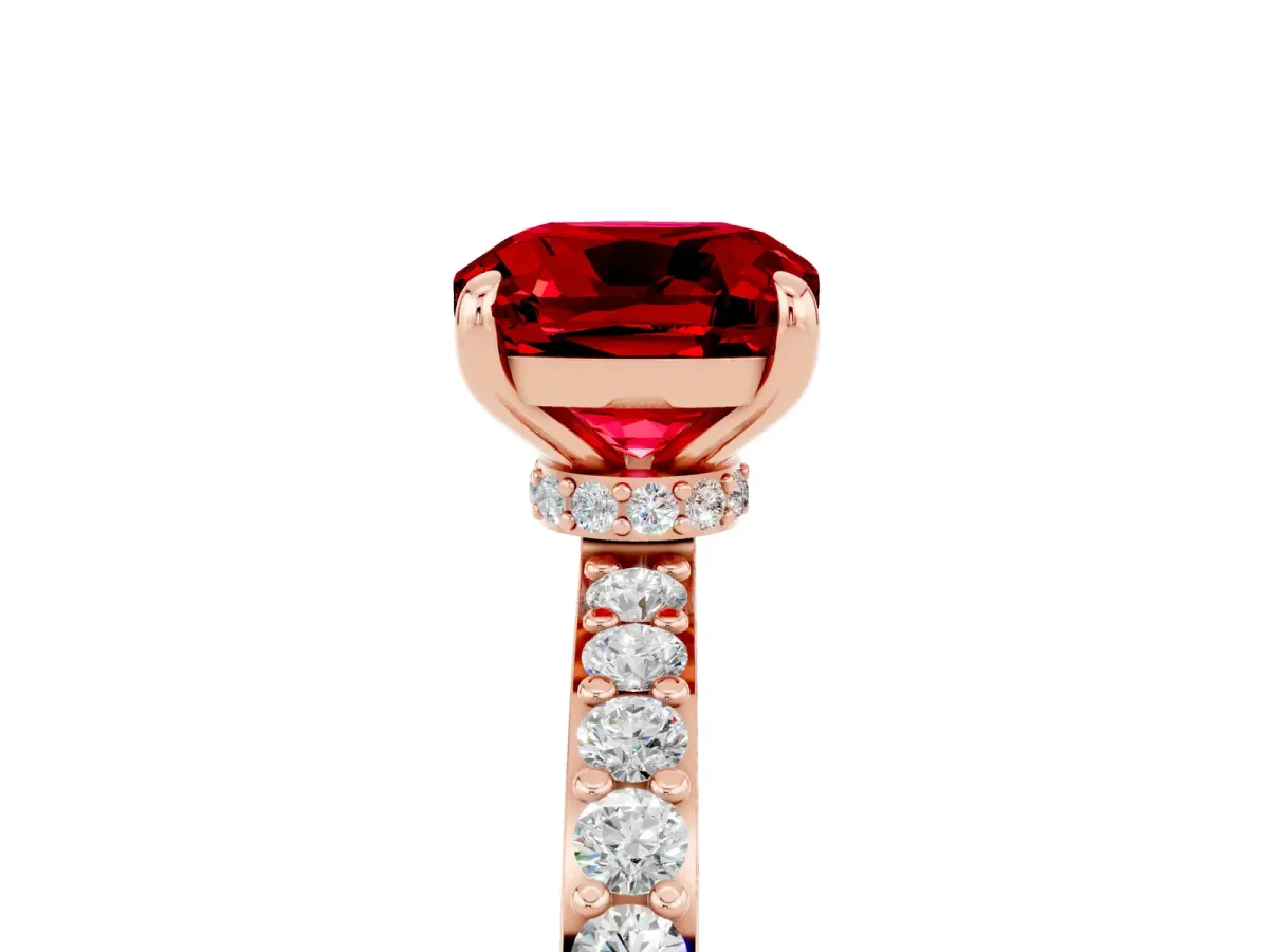 Cushion Cut Ruby Solitaire Engagement Ring with Pavé Band and Four-Prong Setting Rose gold