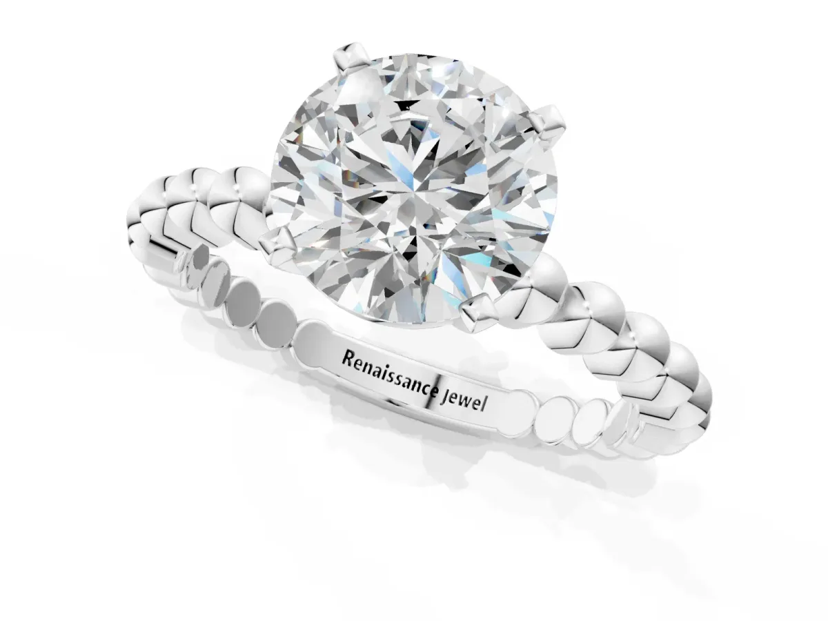 Round Cut Diamond Solitaire Ring with Beaded Band and Prong Setting Silver