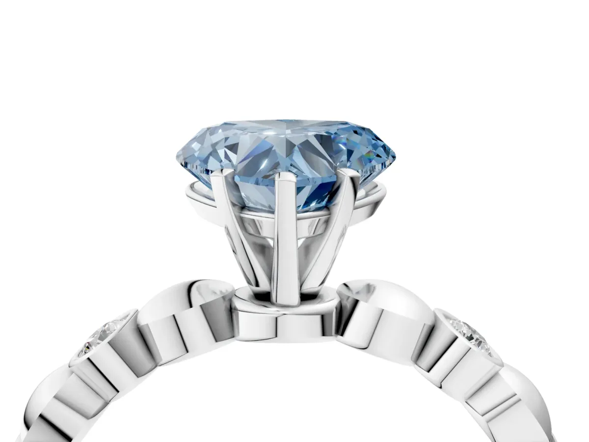 Fancy Blue Heart Cut Solitaire Bezel-Set Diamond Ring with Beaded Band and Four-Prong Setting Silver
