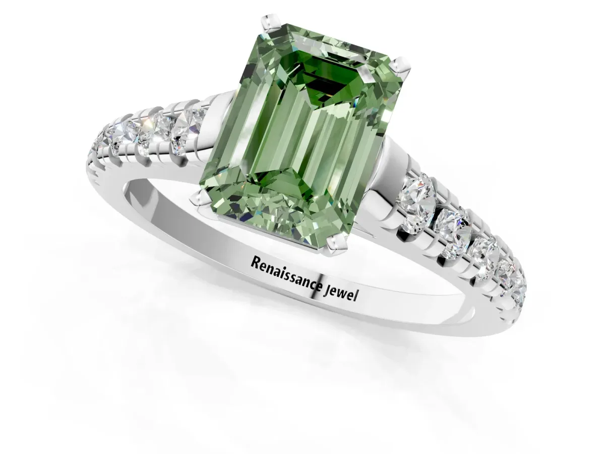 Fancy Green Emerald Cut Diamond Cathedral Solitaire Ring with Round Pavé Band Platinum