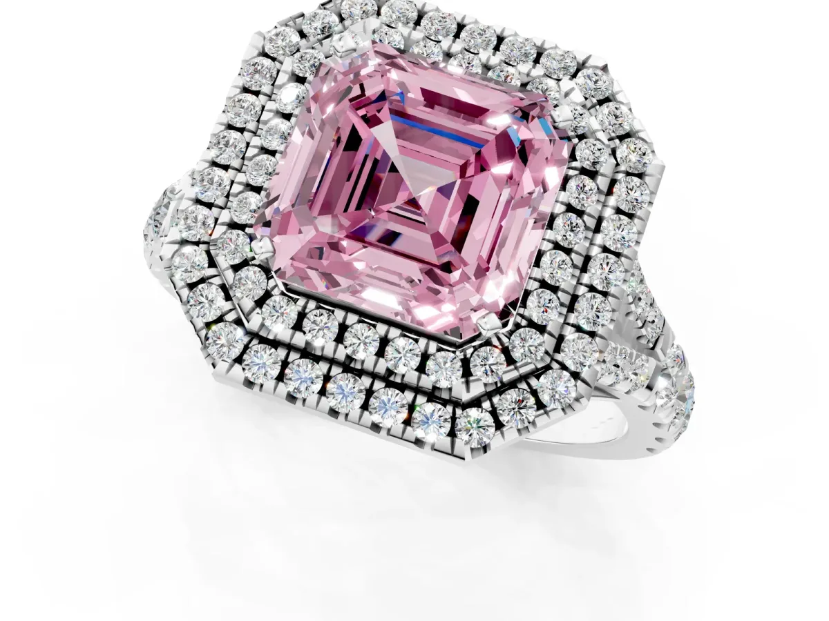 Fancy Pink Asscher Cut Diamond Double Halo Ring with Split Shank and Prong Setting Silver