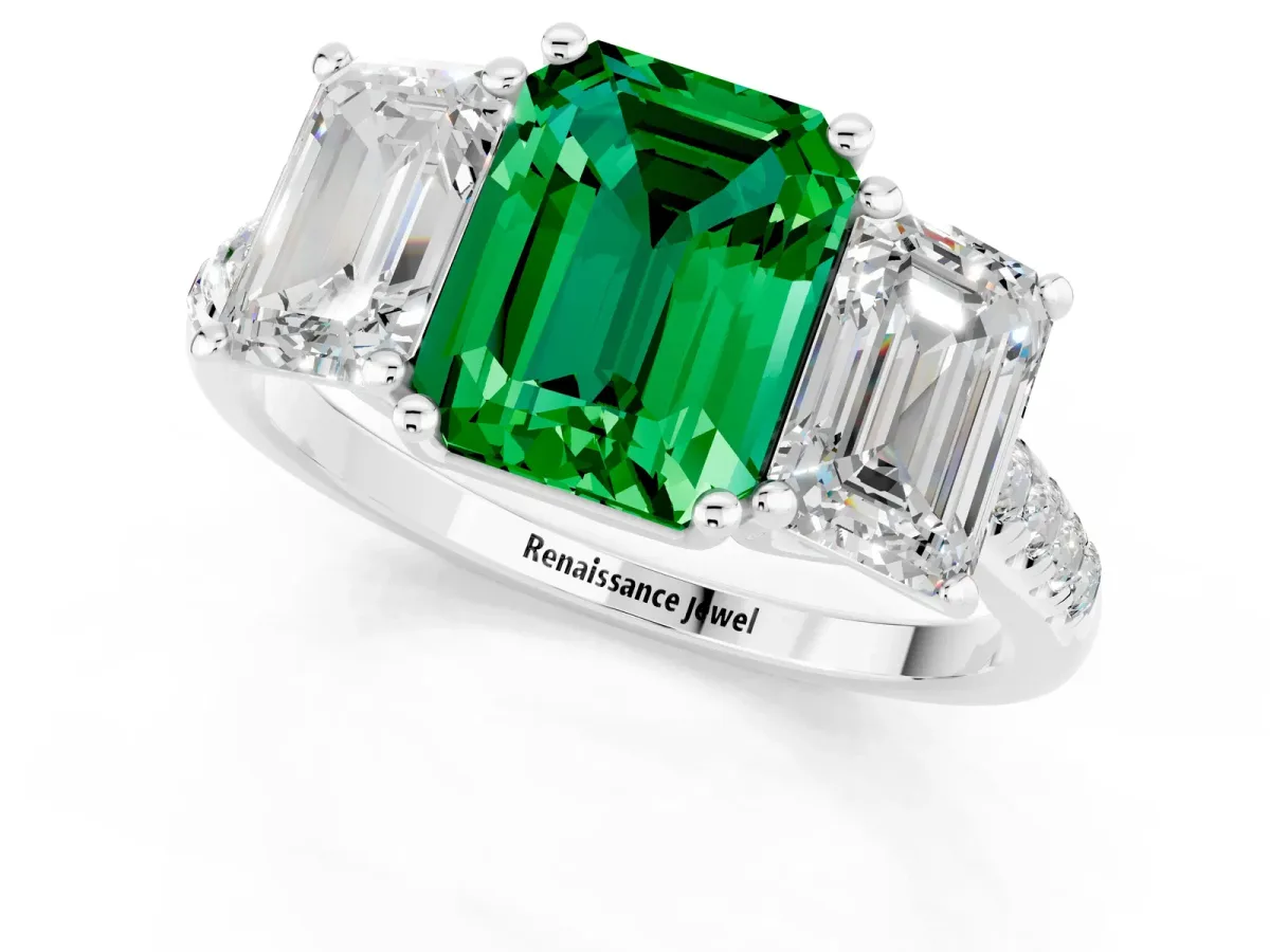 Three-Stone Emerald Cut Emerald Ring with Round Pavé Band and Prong Setting White gold