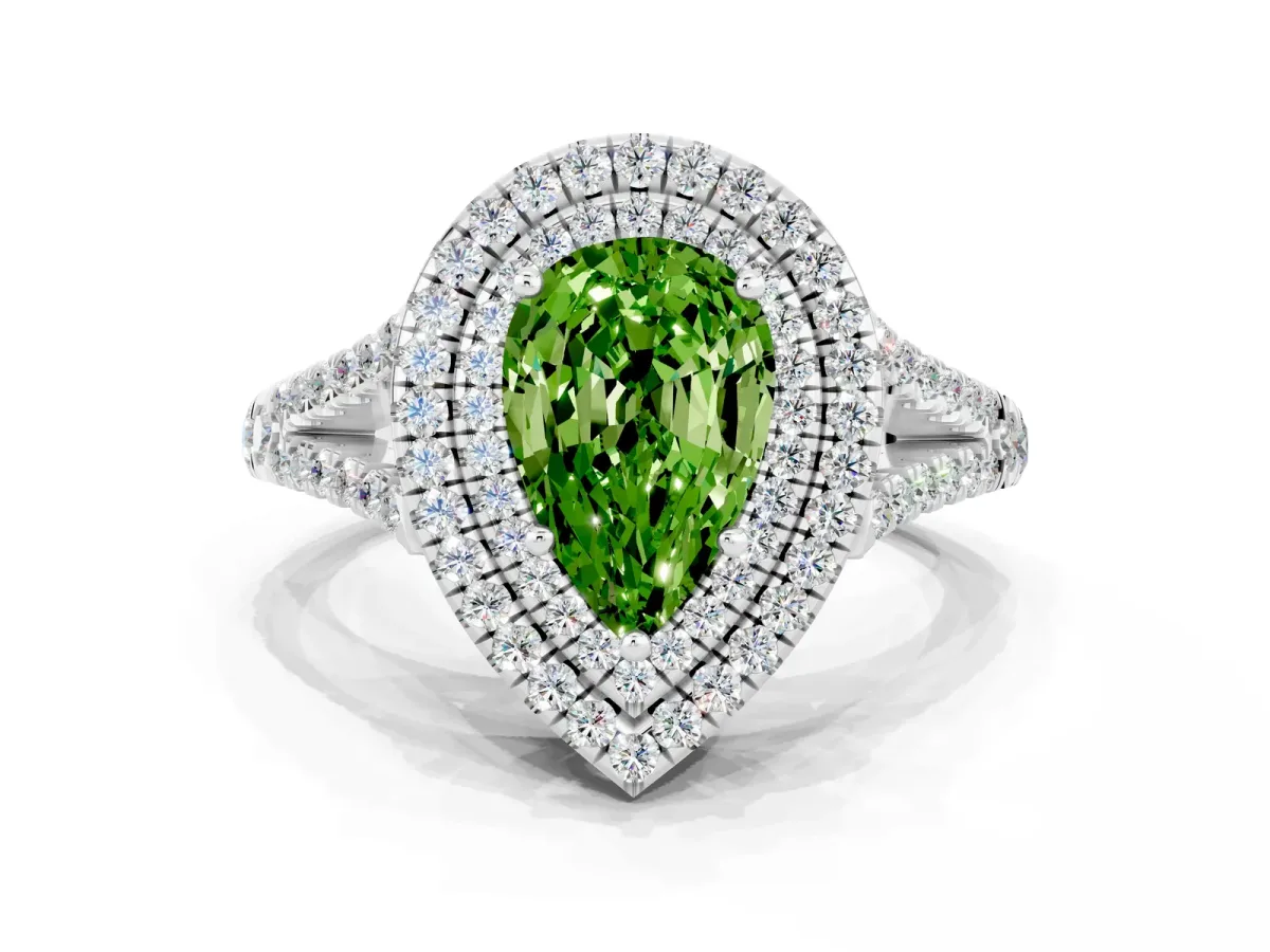 Pear Cut Peridot Double Halo Ring with Pavé Band and Prong Setting Silver