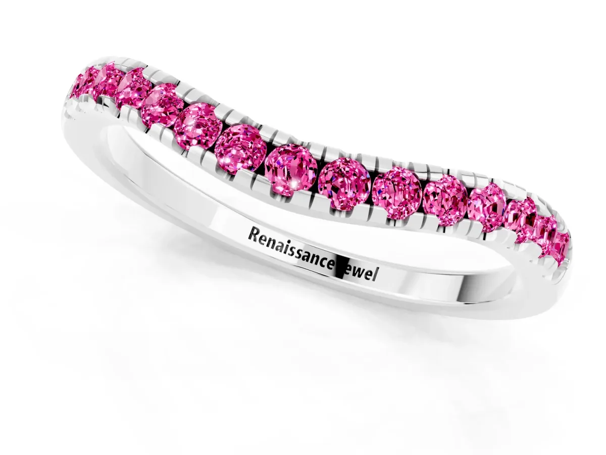 Pink Sapphire Pavé Curved Wedding Band Silver