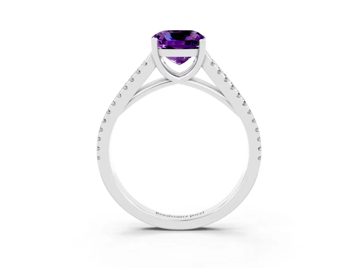 Cushion Cut Amethyst Solitaire Engagement Ring with Split Shank Pavé Band Silver