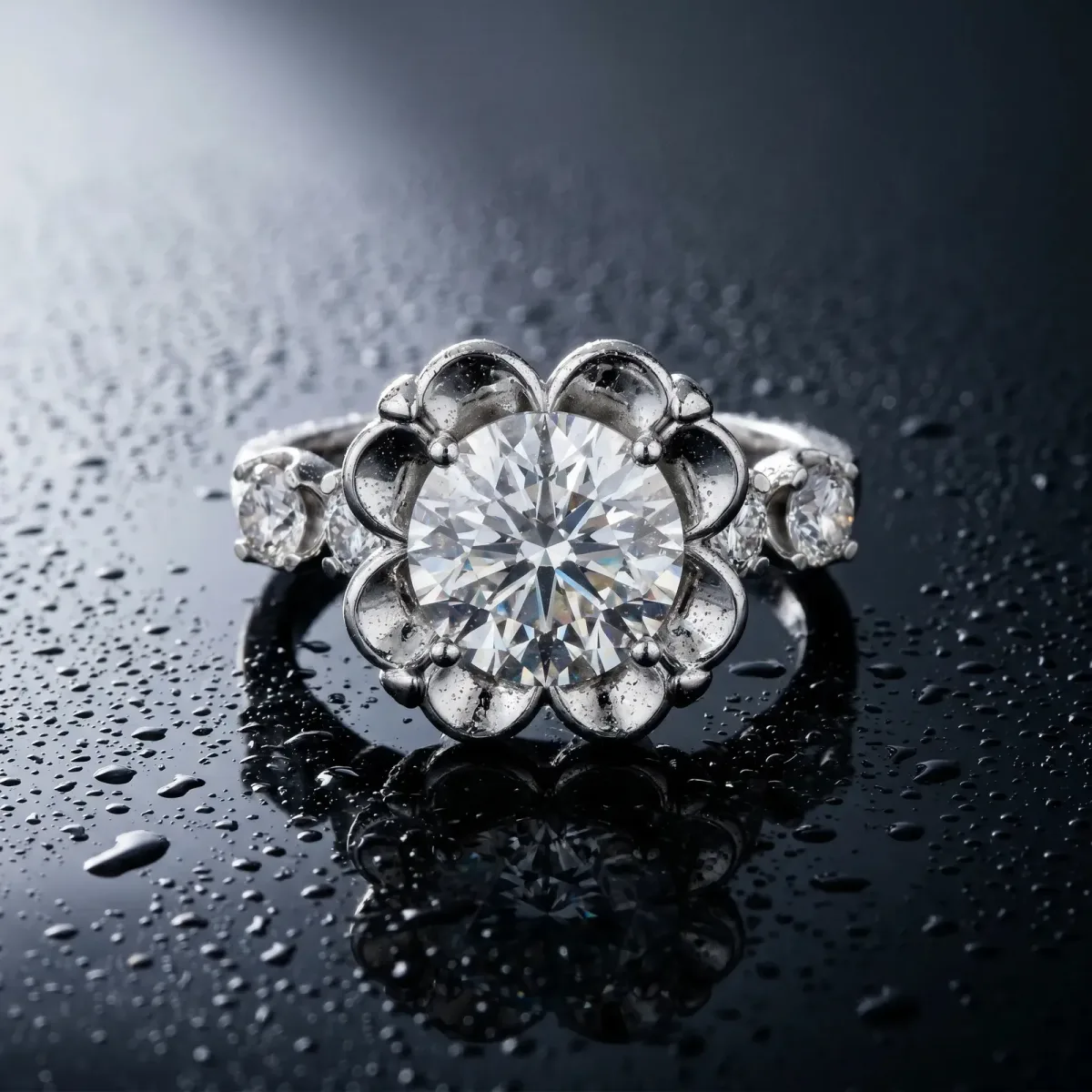 Round Cut Cut Diamond Floral Halo Engagement Ring with Shared Prong Setting Platinum