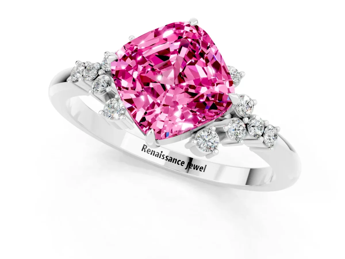 Cushion Cut Pink Sapphire Ring with Side Stones and Four-Prong Setting Silver