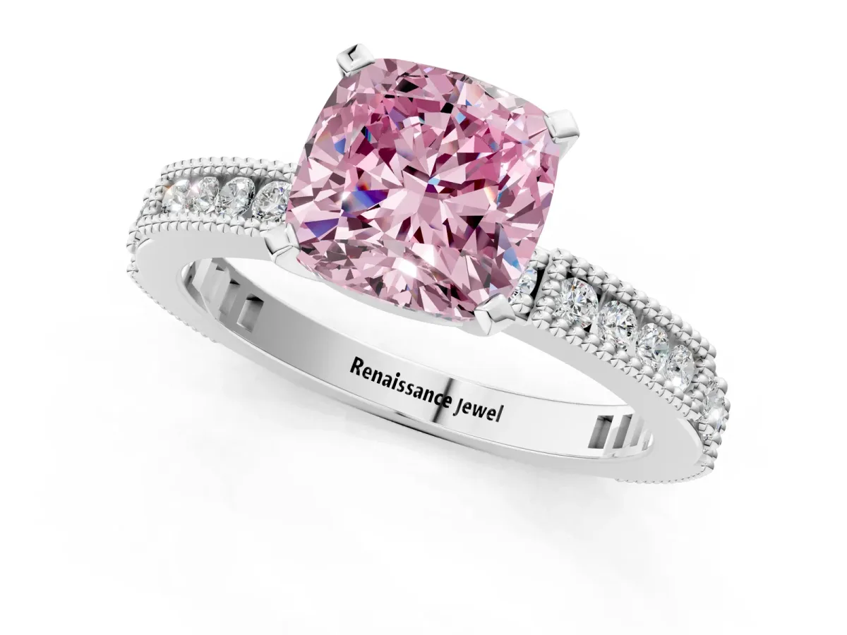 Fancy Pink Cushion Cut Solitaire with Pavé Band and Four-Prong Setting Silver