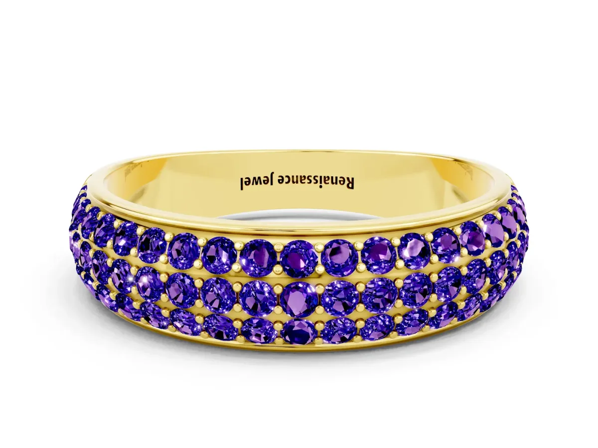 Three-Row Round Tanzanite Eternity Band with Shared Prong Setting Yellow gold