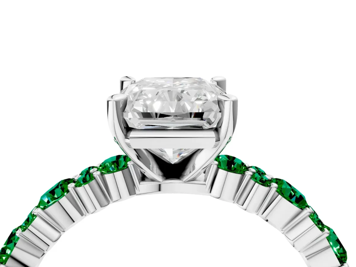 Radiant Cut Diamond Side Stone Solitaire Ring with Round Emerald and Four-Prong Setting Platinum