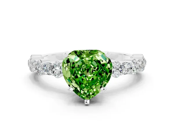 Heart Cut Peridot Side Stone Solitaire Ring with Round and Four-Prong Setting Platinum