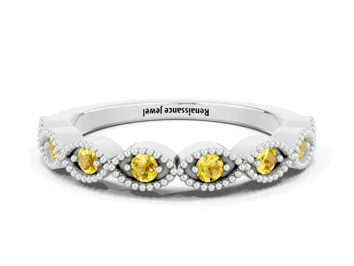 Milgrain Marquise Yellow Sapphire Half Eternity Band with Bezel Setting Platinum