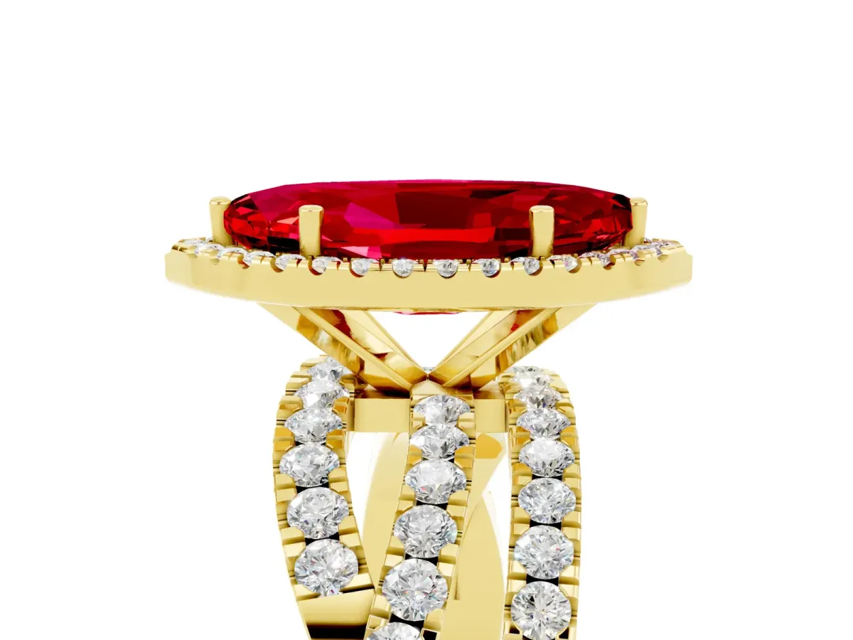 Marquise Cut Ruby Halo Ring with Round Split Shank and Prong Setting Yellow gold