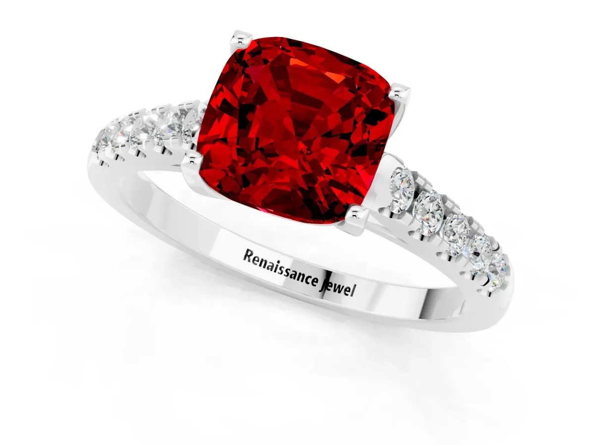 Cushion Cut Ruby Pavé Band Solitaire Ring with Prong Setting Platinum