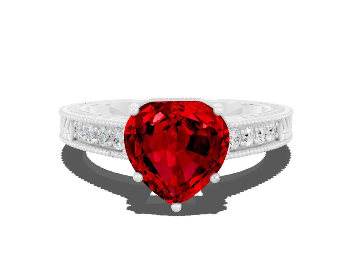 Heart Cut Ruby Ring with Milgrain Pavé Band and Four-Prong Setting Platinum