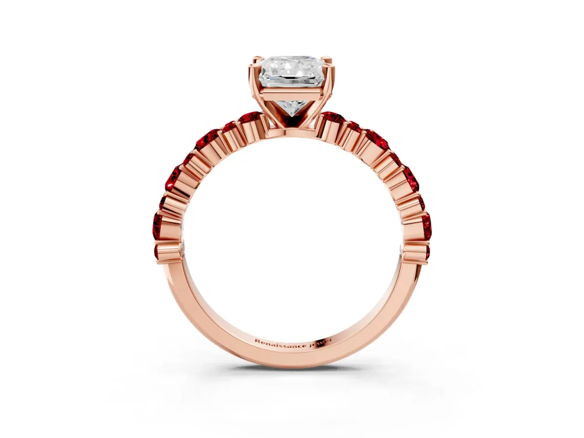 Radiant Cut Diamond Side Stone Solitaire Ring with Round Ruby and Four-Prong Setting Rose gold