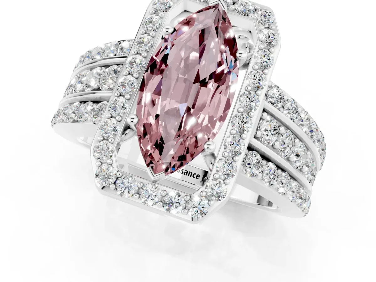 Marquise Cut Halo Morganite Ring with Round Split Shank and Prong Setting Silver