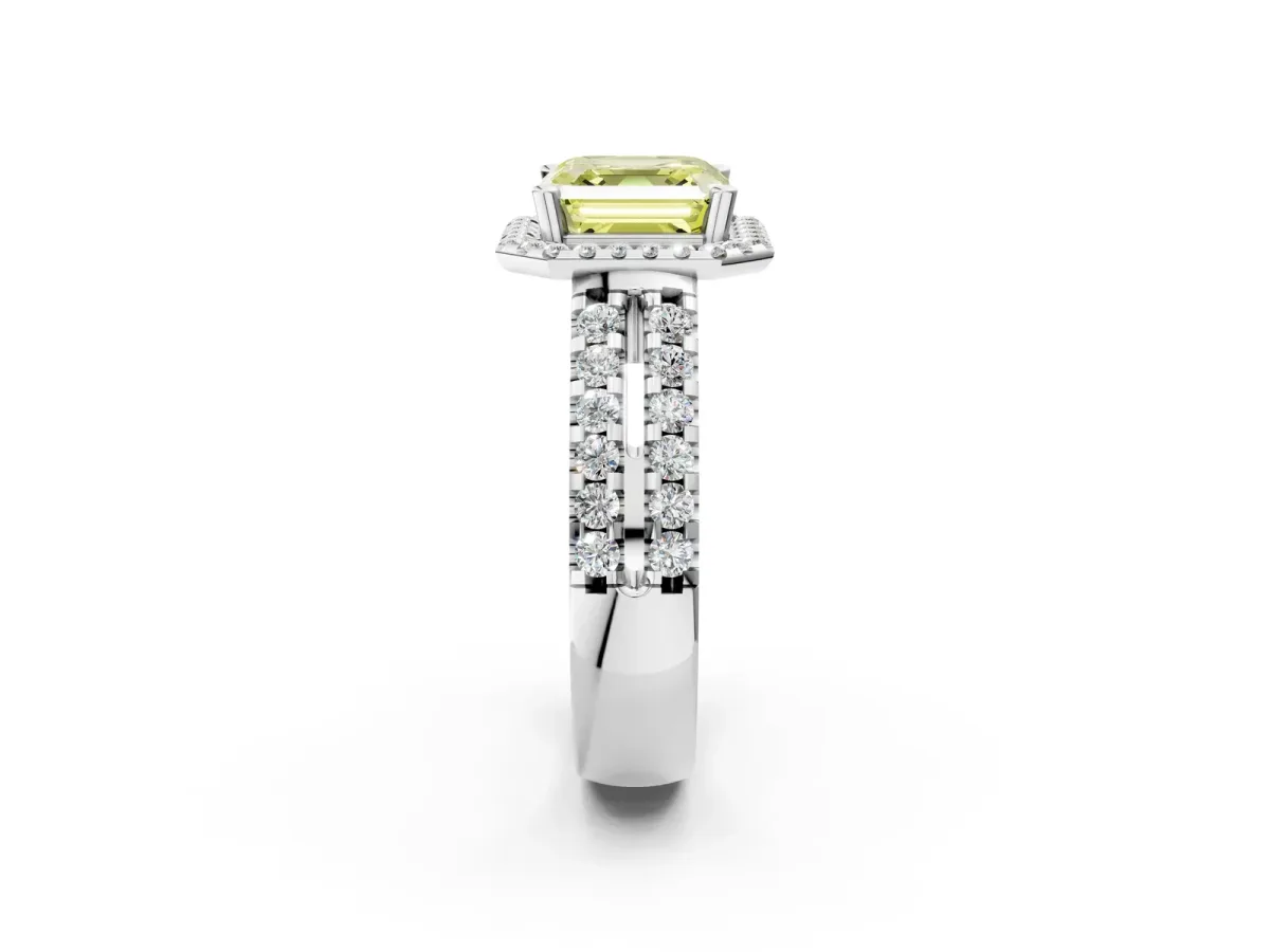 Fancy Yellow Asscher Cut Halo Diamond Split Shank Engagement Ring with Prong Setting Platinum