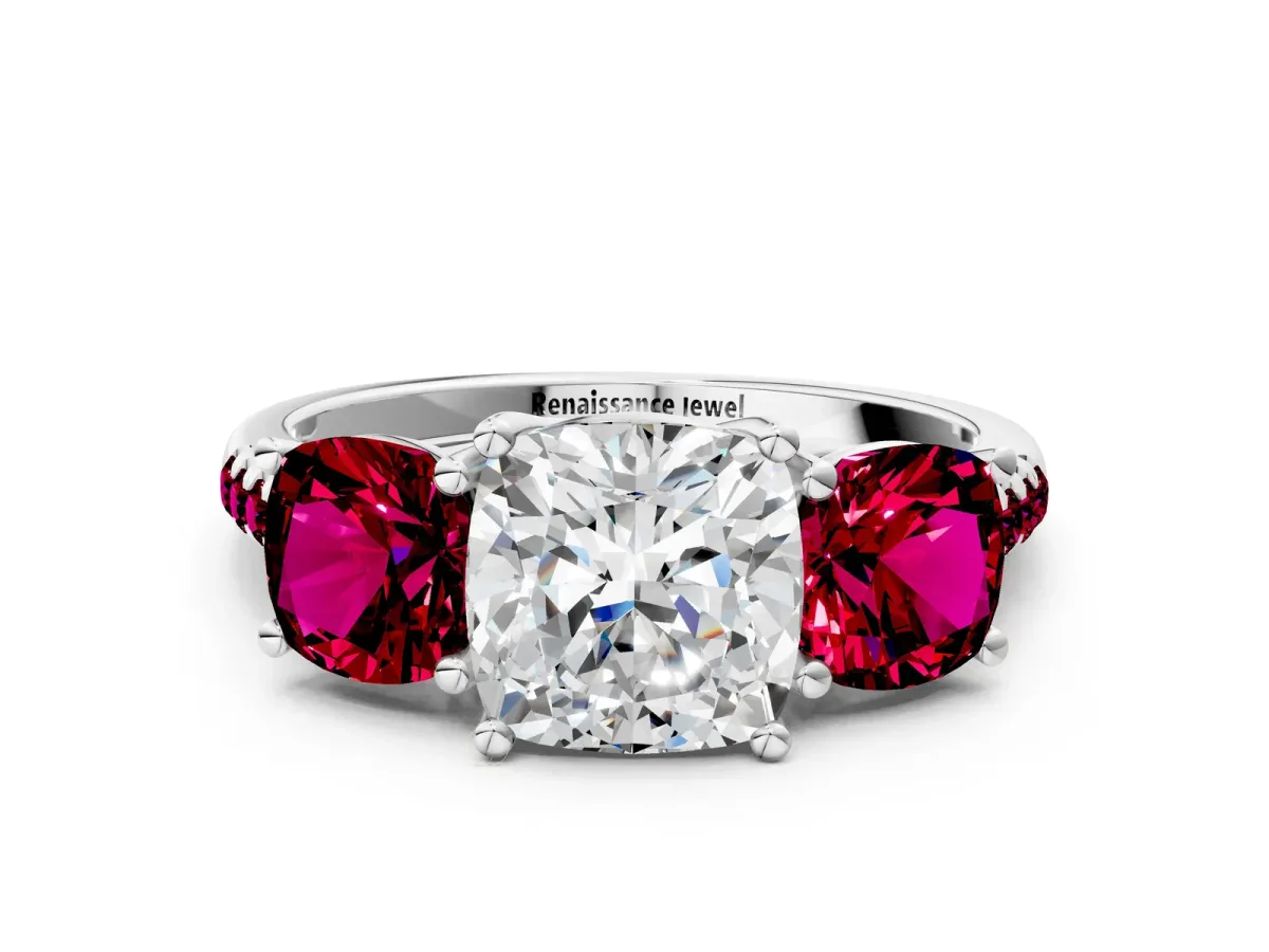 Three-Stone Cushion Cut Diamond Ring with Round Garnet Pavé Band and Prong Setting Silver