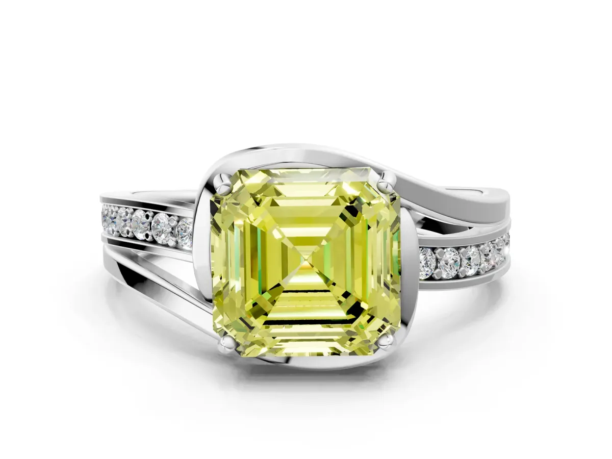 Fancy Yellow Asscher Cut Diamond Solitaire Ring with Split Shank and Prong Setting Platinum