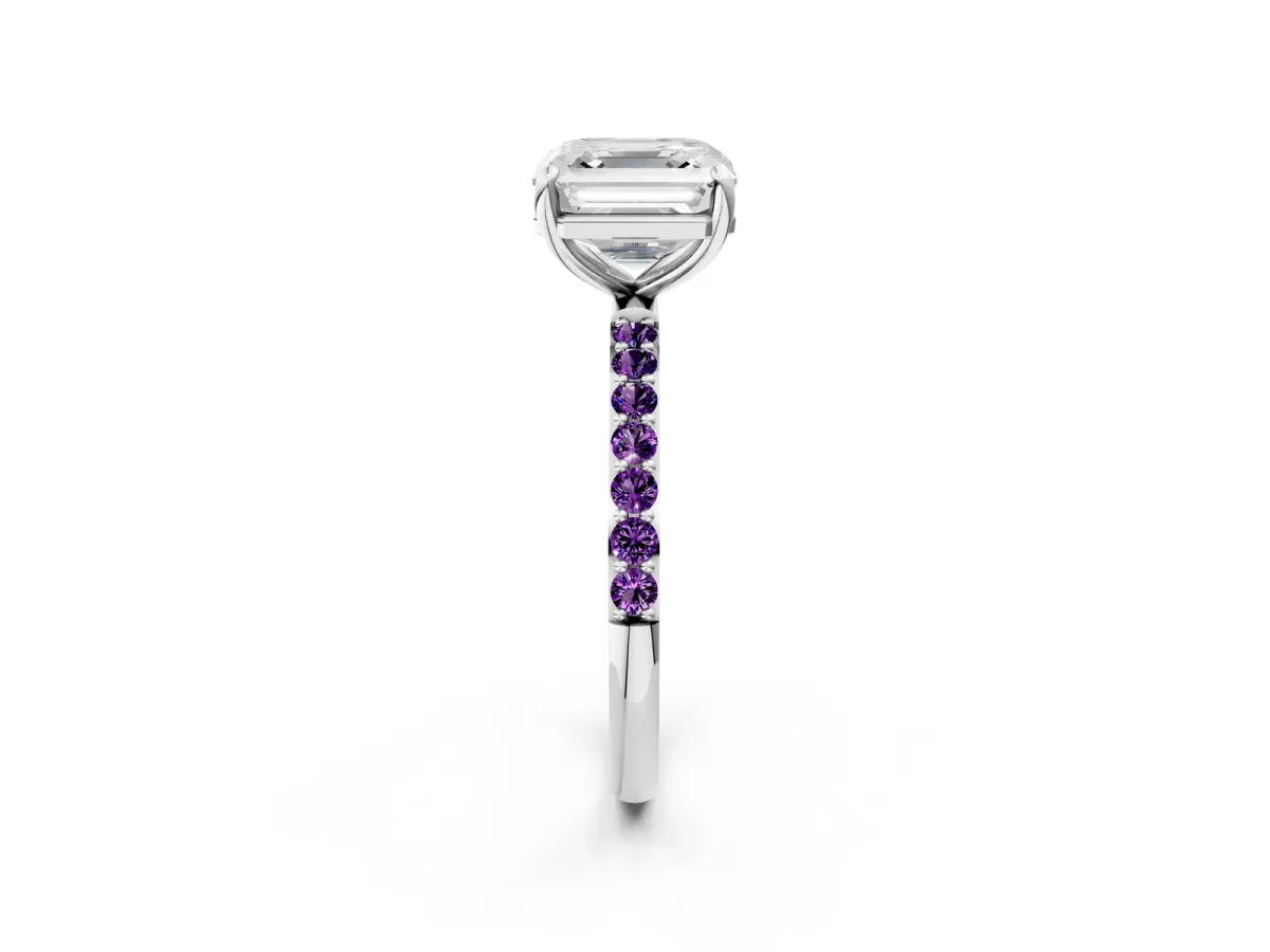 Asscher Cut Diamond Solitaire Ring with Round Amethyst Pavé Band and Prong Setting Silver