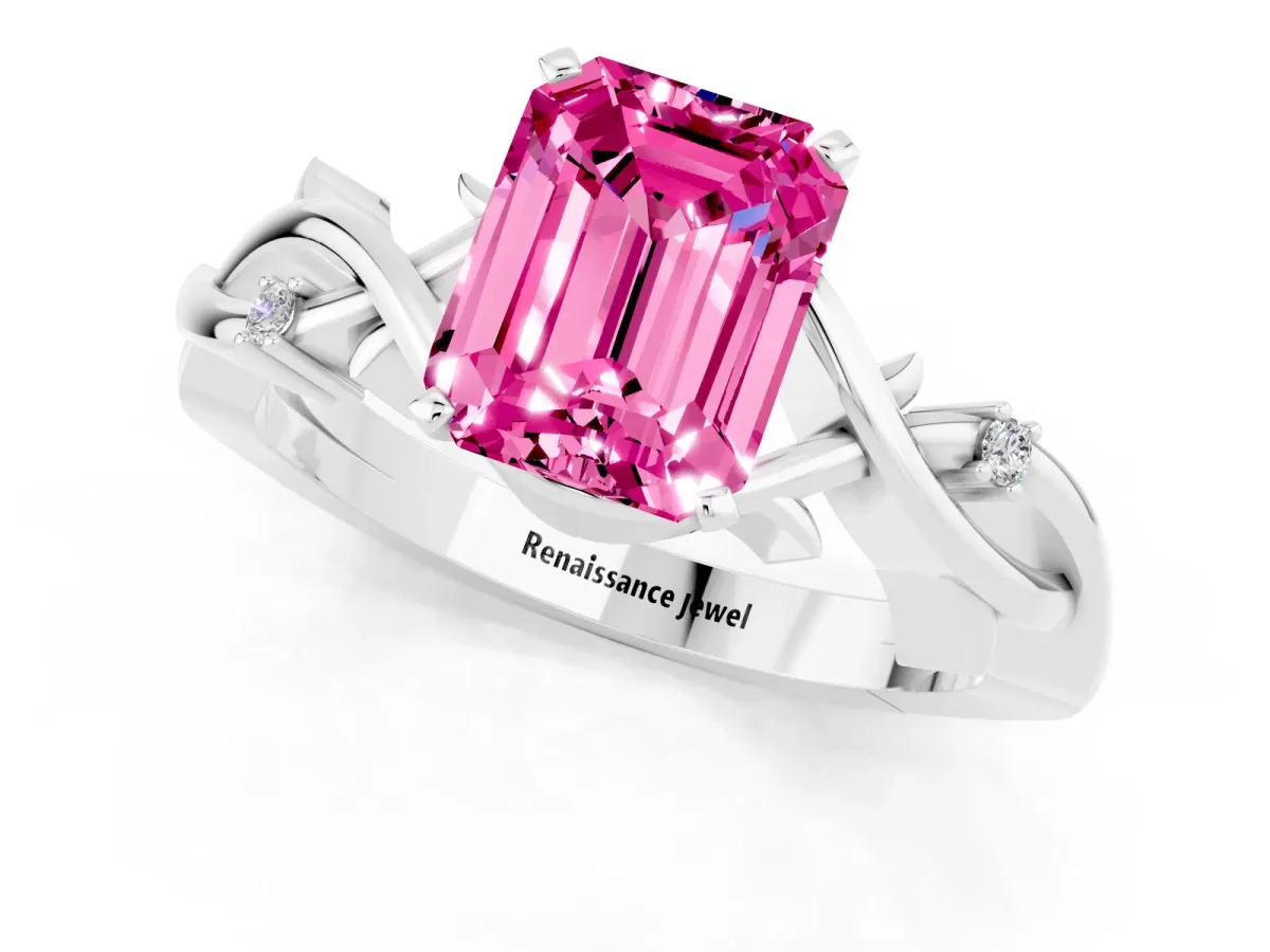 Emerald Cut Pink Sapphire Solitaire Ring with Twisted Band and Prong Setting Silver