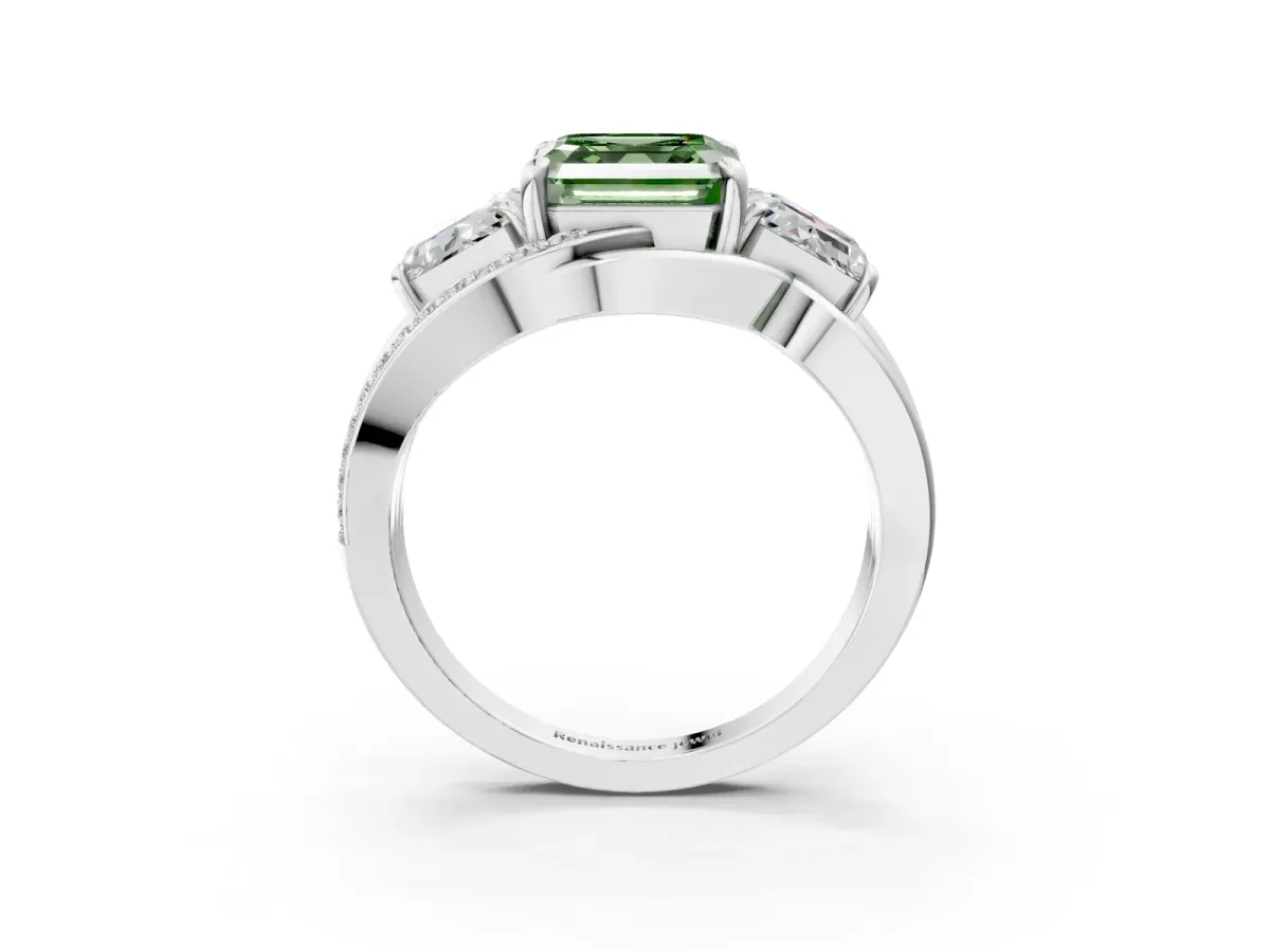 Fancy Green Three-Stone Asscher Cut Cut Diamond Split Shank Prong Set Ring Platinum