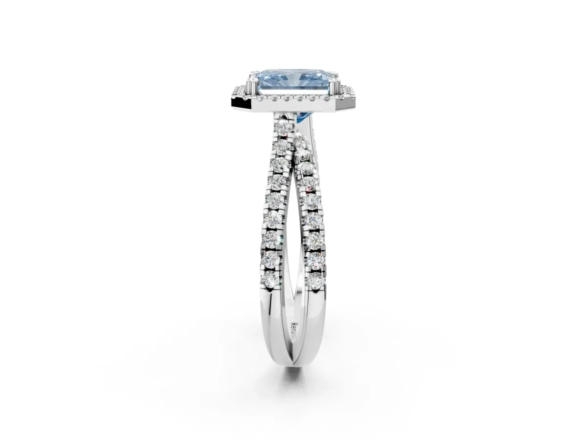 Fancy Blue Radiant Cut Halo Split Shank Diamond Ring with Pavé Setting Platinum