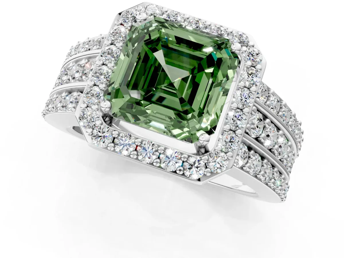 Fancy Green Asscher Cut Halo Diamond Ring with Round Split Shank and Prong Setting Platinum