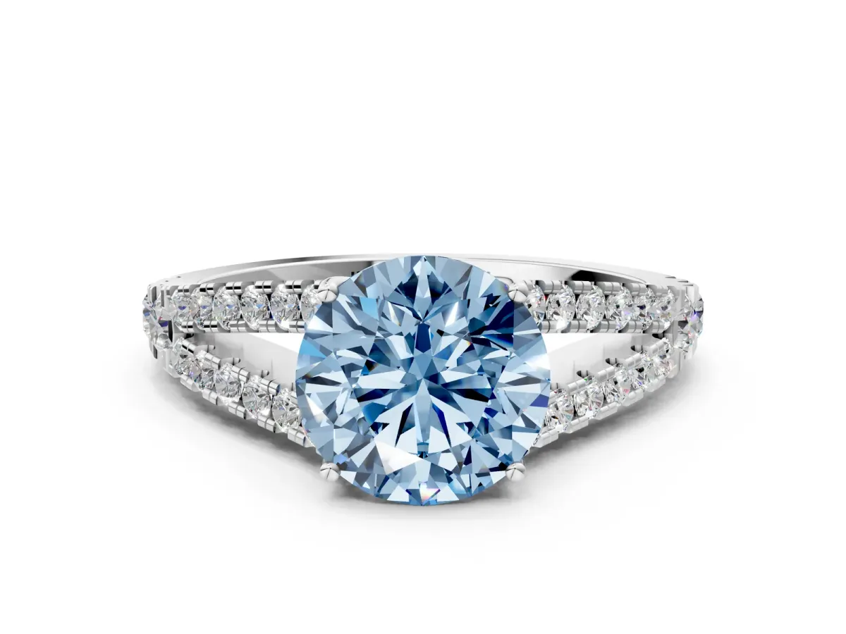 Fancy Blue Round Cut Diamond Split Shank Engagement Ring with Round Pavé and Prong Setting Platinum