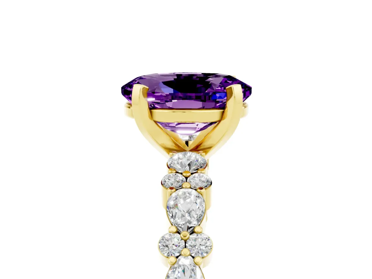 Oval Cut Amethyst Side Stone Solitaire Ring with Round and Four-Prong Setting Yellow gold