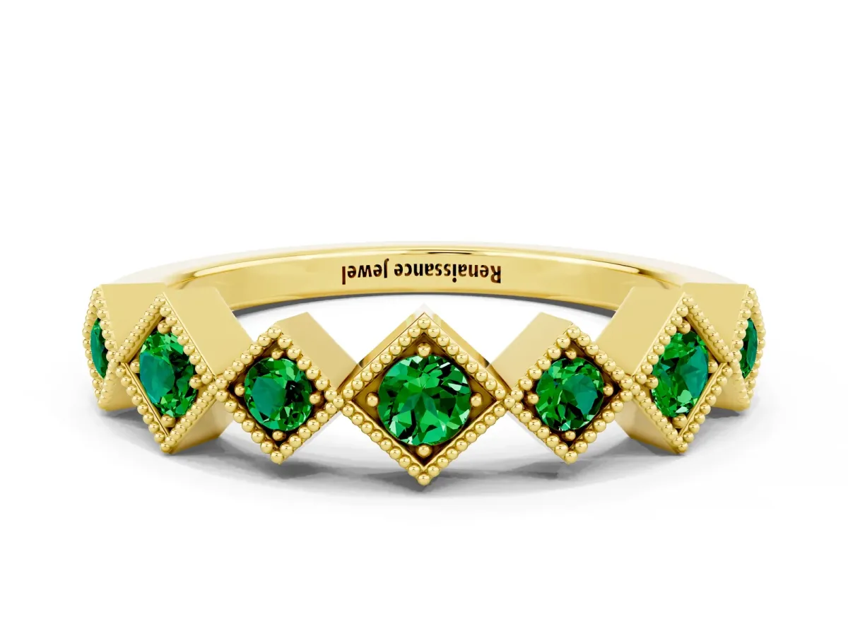 Milgrain Square Bezel Round Emerald Chevron Band Yellow gold